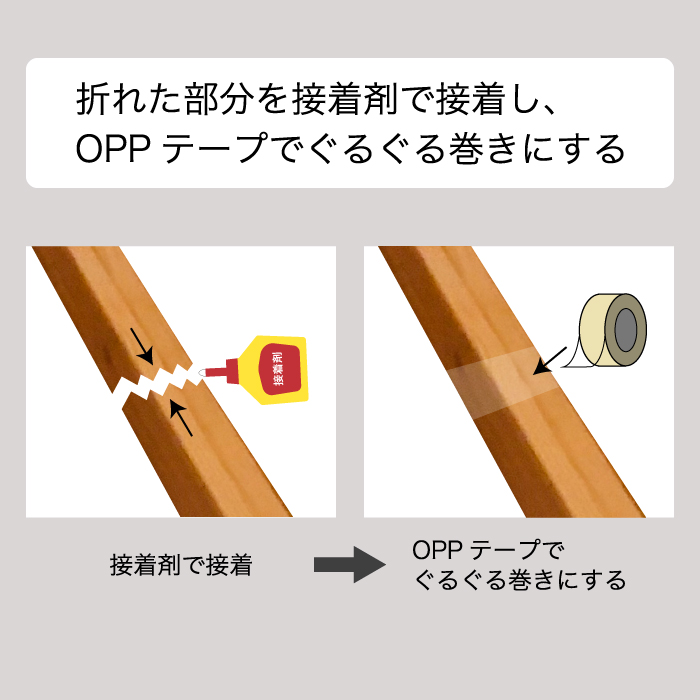 折れた部分を接着剤で接着し、OPPテープでぐるぐる巻きにする。