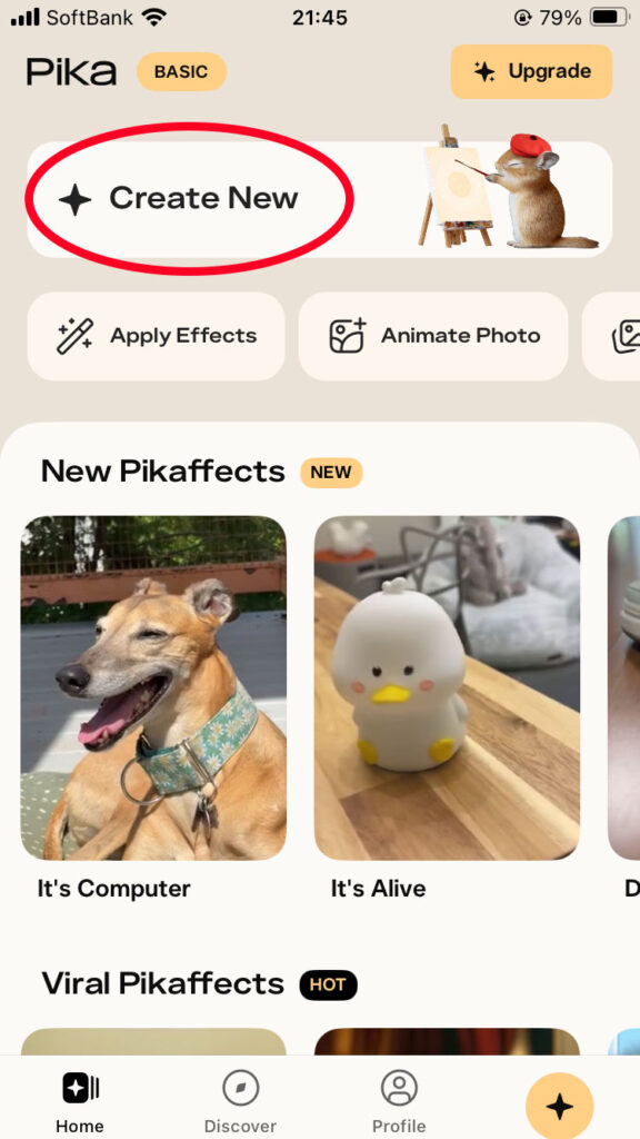 Home画面から「Create New」を押す。