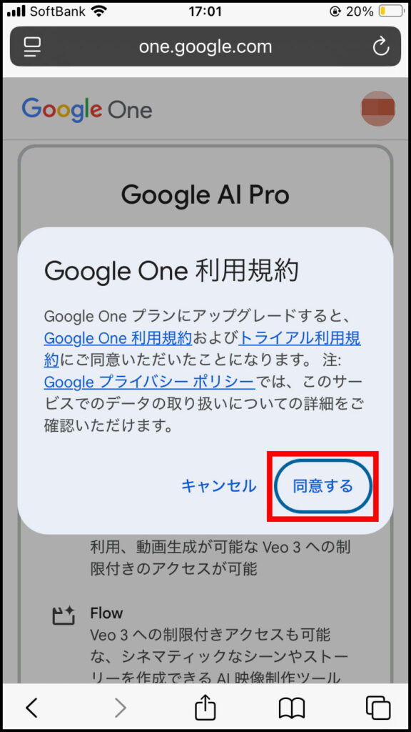 Google One利用規約を確認し問題無ければ「同意する」をタップ。